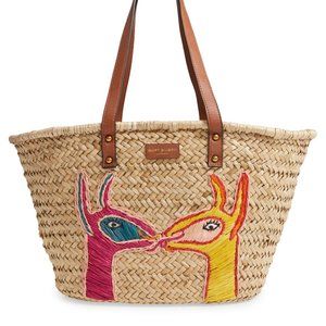 NWT Kurt Geiger London Kensington Embroidered Raffia Llama Basket Straw Tote Bag